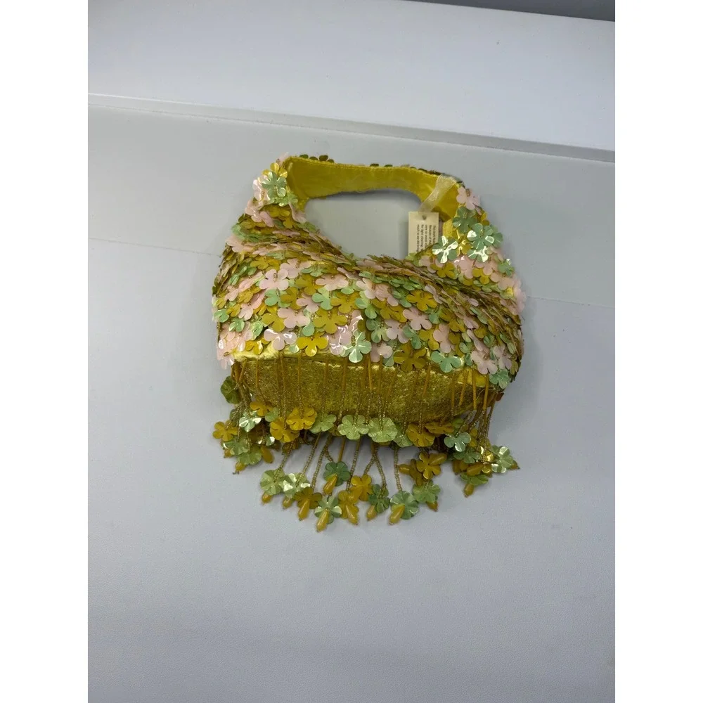 Handcrafted India‎ Floral Sequin Beaded Small Hobo Bag Yellow Green Pink NEW